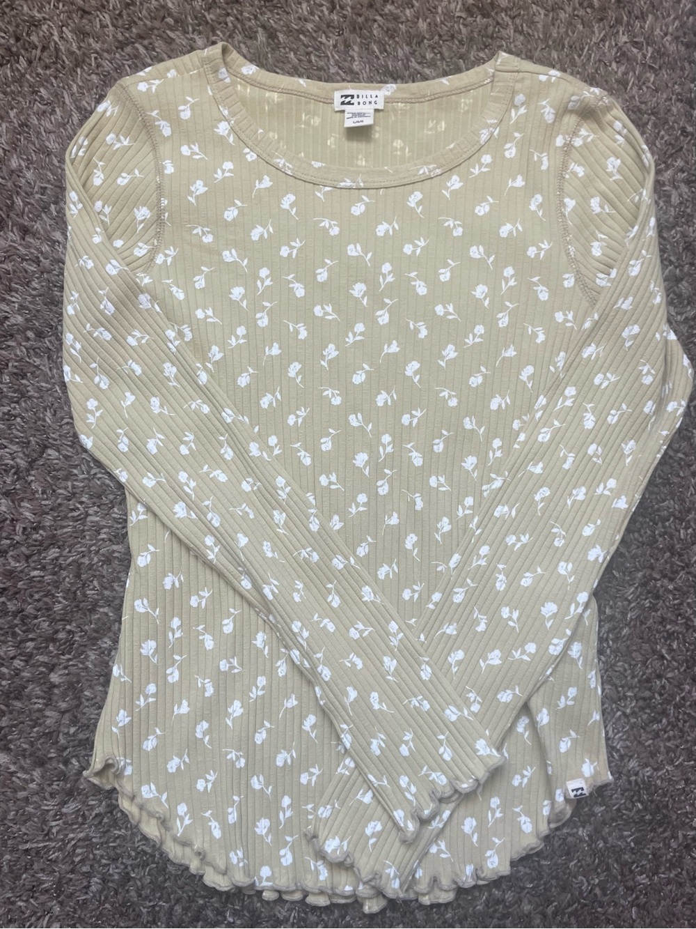 Billabong Light Olive Ribbed Long Sleeve Floral Tee